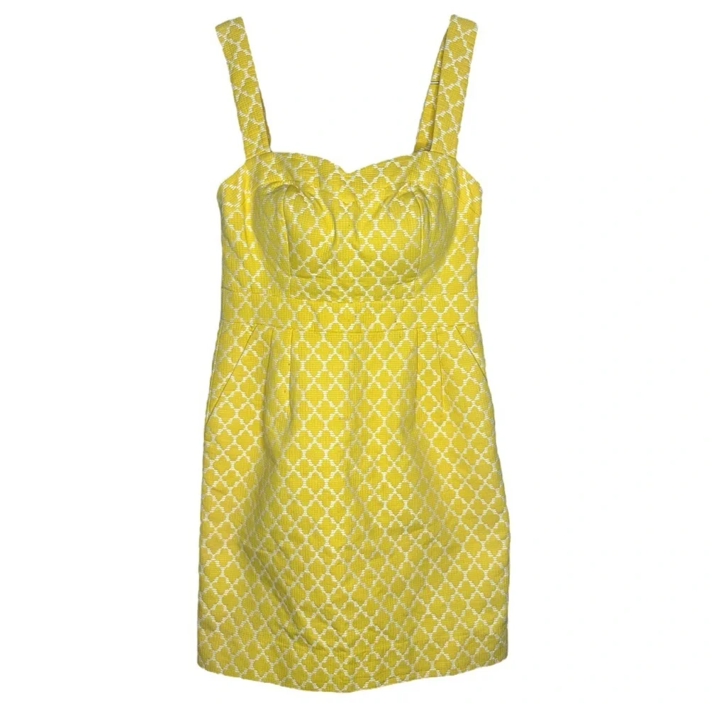 Kate Spade New York Hilary Yellow White Quatrefoil Sweetheart Dress Size 2